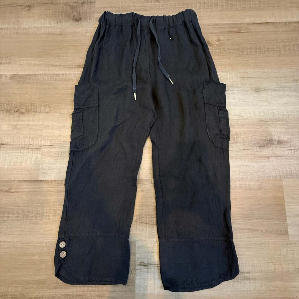 Meo Meli Made in Italy 100% Linen Black Cargo Pants Lagenlook Coastal XL